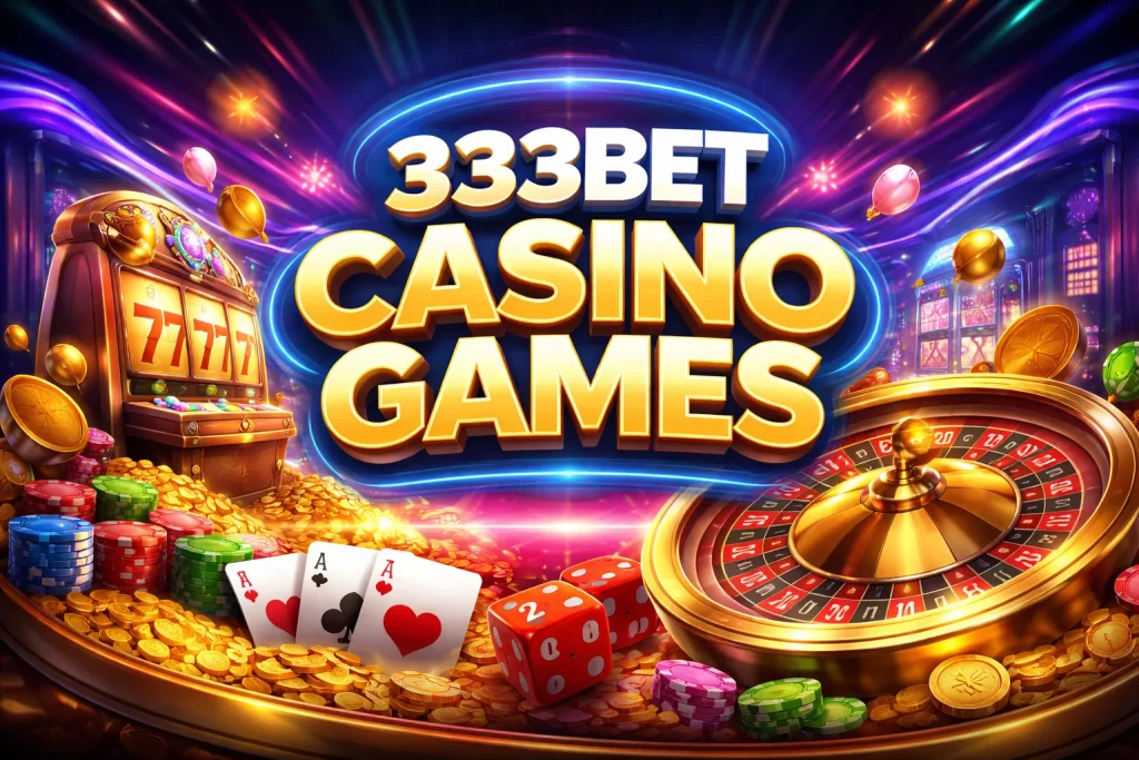 Tela de cassino online com destaque para a seção Games do 333BET Casino, mostrando Slots coloridos, jogos de mesa e ambiente digital moderno voltado para jogadores do Brasil